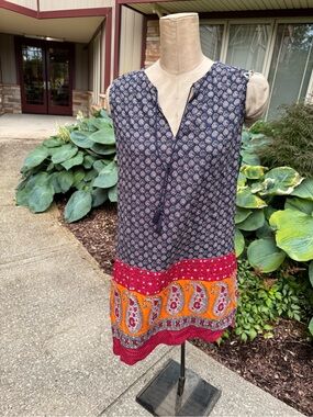 Sleeveless Mixed-Print Tunic in Navy with Red & Orange Accents